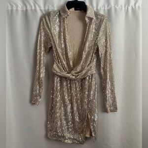 PrettyLittleThing Shimmering Gold Long Sleeve Dress